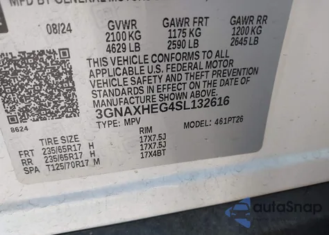 2025 Chevrolet Equinox Fwd Lt из США, поврежденный, VIN 3GNAXHEG4SL132616